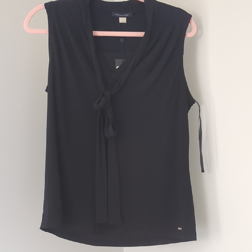Tommy Hilfiger Black Sleeveless Tie Front Blouse